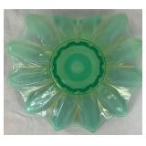 Vintage Green Glassware Pair - Inlcudes L.E.Smith 6" Covered Compote and Fostoria Heirloom Rolled Candle Holder(8.5"W) Vintage Green Glassware Pair - Inlcudes L.E.Smith 6" Covered Compote and Fostoria Heirloom Rolled Candle Holder(8.5"W)