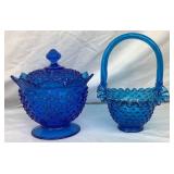 Pair of 2 Blue Vintage Fenton Glassware Pieces - Blue Hobnail Candy Bowl with Lid (6.5") and Colonial Blue Hobnail Basket (8")