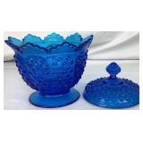 Pair of 2 Blue Vintage Fenton Glassware Pieces - Blue Hobnail Candy Bowl with Lid (6.5") and Colonial Blue Hobnail Basket (8")
