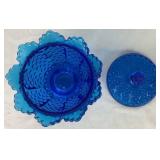 Pair of 2 Blue Vintage Fenton Glassware Pieces - Blue Hobnail Candy Bowl with Lid (6.5") and Colonial Blue Hobnail Basket (8")