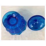Pair of 2 Blue Vintage Fenton Glassware Pieces - Blue Hobnail Candy Bowl with Lid (6.5") and Colonial Blue Hobnail Basket (8")