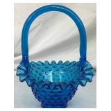 Pair of 2 Blue Vintage Fenton Glassware Pieces - Blue Hobnail Candy Bowl with Lid (6.5") and Colonial Blue Hobnail Basket (8")
