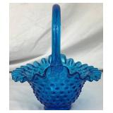 Pair of 2 Blue Vintage Fenton Glassware Pieces - Blue Hobnail Candy Bowl with Lid (6.5") and Colonial Blue Hobnail Basket (8")