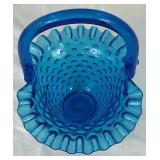 Pair of 2 Blue Vintage Fenton Glassware Pieces - Blue Hobnail Candy Bowl with Lid (6.5") and Colonial Blue Hobnail Basket (8")
