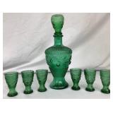 Vintage Green Glass Decanter with Stopper and 6 Glasses