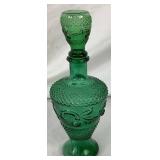 Vintage Green Glass Decanter with Stopper and 6 Glasses