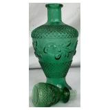 Vintage Green Glass Decanter with Stopper and 6 Glasses