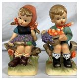 Pair of Vintage Enesco Figurines - Boy and Girl with Fruit Baskets 8"H - Made in Japan