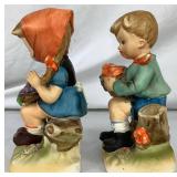 Pair of Vintage Enesco Figurines - Boy and Girl with Fruit Baskets 8"H - Made in Japan