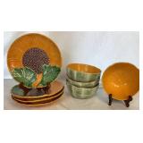 Set of 4 Vintage Bordallo Pinheiro Melon Bowls and Sunflower Plates - Made in Portugal