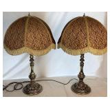 Pair of Vintage Lamps with Fringe Dome Shades and White Glass Globes