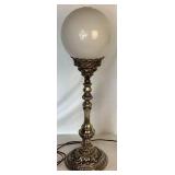 Pair of Vintage Lamps with Fringe Dome Shades and White Glass Globes