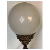 Pair of Vintage Lamps with Fringe Dome Shades and White Glass Globes