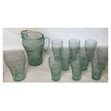 Vintage Coca-Cola Green Pebbled Glass 2L Pitcher with 9- 6" Glasses and 1- 7" Glass