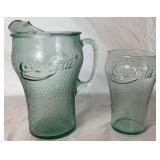 Vintage Coca-Cola Green Pebbled Glass 2L Pitcher with 9- 6" Glasses and 1- 7" Glass