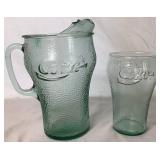 Vintage Coca-Cola Green Pebbled Glass 2L Pitcher with 9- 6" Glasses and 1- 7" Glass
