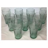 Vintage Coca-Cola Green Pebbled Glass 2L Pitcher with 9- 6" Glasses and 1- 7" Glass