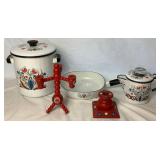 Vintage Scandinavian Kitchenware Collection: Includes- Berggren Enamel Coffee Pot, Berggren Enamel Steamer Pot, Berggren Enamel Pan Decor, and 2 Handpainted Candle Holders Vintage Scandinavian Kitchenware Collection: Includes- Berggren Enamel Coffee Pot, Berggren Enamel Steamer Pot, Berggren Enamel Pan Decor, and 2 Handpainted Candle Holders