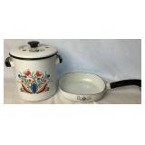Vintage Scandinavian Kitchenware Collection: Includes- Berggren Enamel Coffee Pot, Berggren Enamel Steamer Pot, Berggren Enamel Pan Decor, and 2 Handpainted Candle Holders Vintage Scandinavian Kitchenware Collection: Includes- Berggren Enamel Coffee Pot, Berggren Enamel Steamer Pot, Berggren Enamel Pan Decor, and 2 Handpainted Candle Holders