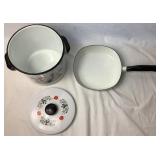 Vintage Scandinavian Kitchenware Collection: Includes- Berggren Enamel Coffee Pot, Berggren Enamel Steamer Pot, Berggren Enamel Pan Decor, and 2 Handpainted Candle Holders Vintage Scandinavian Kitchenware Collection: Includes- Berggren Enamel Coffee Pot, Berggren Enamel Steamer Pot, Berggren Enamel Pan Decor, and 2 Handpainted Candle Holders