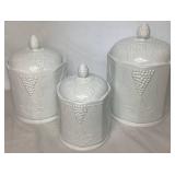 Vintage Harvest Grape Milk Glass Collection - Includes: Set of 3 Lidded Canisters, 2 Candle Holders, Cream & Sugar, 8- 9.75" Dinner Plates Vintage Harvest Grape Milk Glass Collection - Includes: Set of 3 Lidded Canisters, 2 Candle Holders, Cream & Sugar, 8- 9.75" Dinner Plates