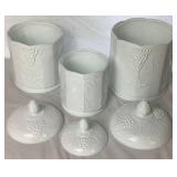 Vintage Harvest Grape Milk Glass Collection - Includes: Set of 3 Lidded Canisters, 2 Candle Holders, Cream & Sugar, 8- 9.75" Dinner Plates Vintage Harvest Grape Milk Glass Collection - Includes: Set of 3 Lidded Canisters, 2 Candle Holders, Cream & Sugar, 8- 9.75" Dinner Plates