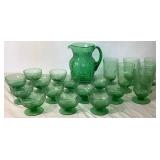 Vintage Morgantown Green Crinkle Glass Barware - Includes: Pitcher, 6 Water Glasses and 13 Champagne Sherbert Glasses Vintage Morgantown Green Crinkle Glass Barware - Includes: Pitcher, 6 Water Glasses and 13 Champagne Sherbert Glasses