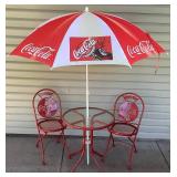 Set of 2 Vintage Coca-Cola Metal Folding Chairs with Red Metal Bistro Table and Umbrella- Lot 1