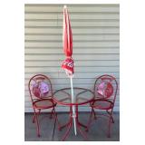 Set of 2 Vintage Coca-Cola Metal Folding Chairs with Red Metal Bistro Table and Umbrella- Lot 1