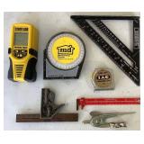 Collection of Measuring Devices, C-clamps, Roof Shingle Stapler & Cooper Pipe Flare Tool Collection of Measuring Devices, C-clamps, Roof Shingle Stapler & Cooper Pipe Flare Tool