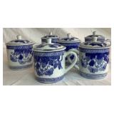 Assortment of Blue and White Porcelain Kitchenware- 11 Pieces Total Assortment of Blue and White Porcelain Kitchenware- 11 Pieces Total
