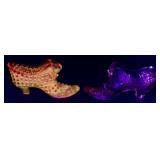 Pair of Vintage Fenton Glass Shoes - Orange Amberina Hobnail Cathead Slipper and Cabbage Rose Pair of Vintage Fenton Glass Shoes - Orange Amberina Hobnail Cathead Slipper and Cabbage Rose