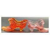 Pair of Vintage Fenton Glass Shoes - Orange Amberina Hobnail Cathead Slipper and Cabbage Rose Pair of Vintage Fenton Glass Shoes - Orange Amberina Hobnail Cathead Slipper and Cabbage Rose