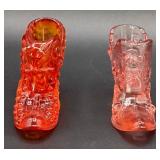 Pair of Vintage Fenton Glass Shoes - Orange Amberina Hobnail Cathead Slipper and Cabbage Rose Pair of Vintage Fenton Glass Shoes - Orange Amberina Hobnail Cathead Slipper and Cabbage Rose