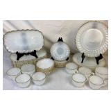 Vintage Fire King Anchor Hocking Gold Trimmed Milk Glass Dinnerware Set Vintage Fire King Anchor Hocking Gold Trimmed Milk Glass Dinnerware Set