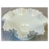 Vintage Fenton Milk Glass Hobnail Footed Bowl (10.5"W x 4.75"H) and Vintage Fenton Silver Crest Footed Cake Stand (12"W x 2.5"H) Vintage Fenton Milk Glass Hobnail Footed Bowl (10.5"W x 4.75"H) and Vintage Fenton Silver Crest Footed Cake Stand (12"W x 2.5"H)