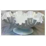 Vintage Fenton Milk Glass Hobnail Footed Bowl (10.5"W x 4.75"H) and Vintage Fenton Silver Crest Footed Cake Stand (12"W x 2.5"H) Vintage Fenton Milk Glass Hobnail Footed Bowl (10.5"W x 4.75"H) and Vintage Fenton Silver Crest Footed Cake Stand (12"W x 2.5"H)