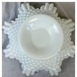 Vintage Fenton Milk Glass Hobnail Footed Bowl (10.5"W x 4.75"H) and Vintage Fenton Silver Crest Footed Cake Stand (12"W x 2.5"H) Vintage Fenton Milk Glass Hobnail Footed Bowl (10.5"W x 4.75"H) and Vintage Fenton Silver Crest Footed Cake Stand (12"W x 2.5"H)