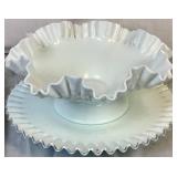 Vintage Fenton Milk Glass Hobnail Footed Bowl (10.5"W x 4.75"H) and Vintage Fenton Silver Crest Footed Cake Stand (12"W x 2.5"H) Vintage Fenton Milk Glass Hobnail Footed Bowl (10.5"W x 4.75"H) and Vintage Fenton Silver Crest Footed Cake Stand (12"W x 2.5"H)