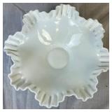 Vintage Fenton Milk Glass Hobnail Footed Bowl (10.5"W x 4.75"H) and Vintage Fenton Silver Crest Footed Cake Stand (12"W x 2.5"H) Vintage Fenton Milk Glass Hobnail Footed Bowl (10.5"W x 4.75"H) and Vintage Fenton Silver Crest Footed Cake Stand (12"W x 2.5"H)