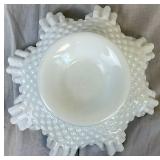 Vintage Fenton Milk Glass Hobnail Footed Bowl (10.5"W x 4.75"H) and Vintage Fenton Silver Crest Footed Cake Stand (12"W x 2.5"H) Vintage Fenton Milk Glass Hobnail Footed Bowl (10.5"W x 4.75"H) and Vintage Fenton Silver Crest Footed Cake Stand (12"W x 2.5"H)