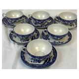 Porcelain Vintage Occupied Japan Dark Blue and White Sakura Blossom Pattern Teacups(6) and Saucers(7) Porcelain Vintage Occupied Japan Dark Blue and White Sakura Blossom Pattern Teacups(6) and Saucers(7)