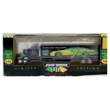 1/16 ERTL John Deere Styled B with Umbrella #15962A and 1/64 John Deere Motor Sports Limited Edition Premier Die Cast Transporter with Stock Car 1/16 ERTL John Deere Styled B with Umbrella #15962A and 1/64 John Deere Motor Sports Limited Edition Premier Die Cast Transporter with Stock Car