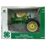 1/16 ERTL John Deere Styled B with Umbrella #15962A and 1/64 John Deere Motor Sports Limited Edition Premier Die Cast Transporter with Stock Car 1/16 ERTL John Deere Styled B with Umbrella #15962A and 1/64 John Deere Motor Sports Limited Edition Premier Die Cast Transporter with Stock Car