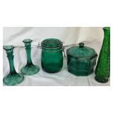 Assortment of Emerald Green Decor - Includes: 2 Candlesticks, 1 Canister, 1 Lidded Candy Dish, and 1 Vase Assortment of Emerald Green Decor - Includes: 2 Candlesticks, 1 Canister, 1 Lidded Candy Dish, and 1 Vase