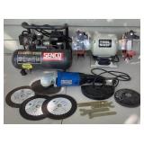 Corded Tool Lot- Senco Air Compressor, Bench Grinder and Angle Grinder Corded Tool Lot- Senco Air Compressor, Bench Grinder and Angle Grinder