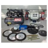 Corded Tool Lot- Senco Air Compressor, Bench Grinder and Angle Grinder Corded Tool Lot- Senco Air Compressor, Bench Grinder and Angle Grinder