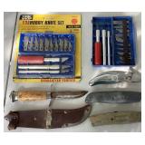 Garage Collection of Die and Tap Set, Metal Files, Hobby Knife Sets, Vintage Planer, Vintage Andy Aluminum Snips, Vintage Mora Hunting Knife and Mat Knives Garage Collection of Die and Tap Set, Metal Files, Hobby Knife Sets, Vintage Planer, Vintage Andy Aluminum Snips, Vintage Mora Hunting Knife and Mat Knives