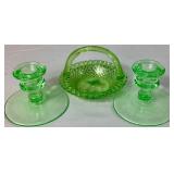 Uranium Glassware Bundle - Pair of Depression Glass Candlestick Holders and Imperial Glass Handled Bowl Uranium Glassware Bundle - Pair of Depression Glass Candlestick Holders and Imperial Glass Handled Bowl