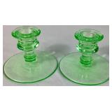 Uranium Glassware Bundle - Pair of Depression Glass Candlestick Holders and Imperial Glass Handled Bowl Uranium Glassware Bundle - Pair of Depression Glass Candlestick Holders and Imperial Glass Handled Bowl